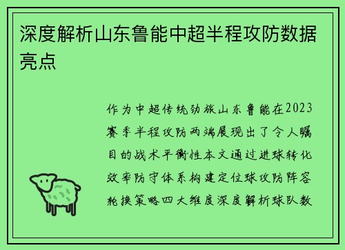 深度解析山东鲁能中超半程攻防数据亮点